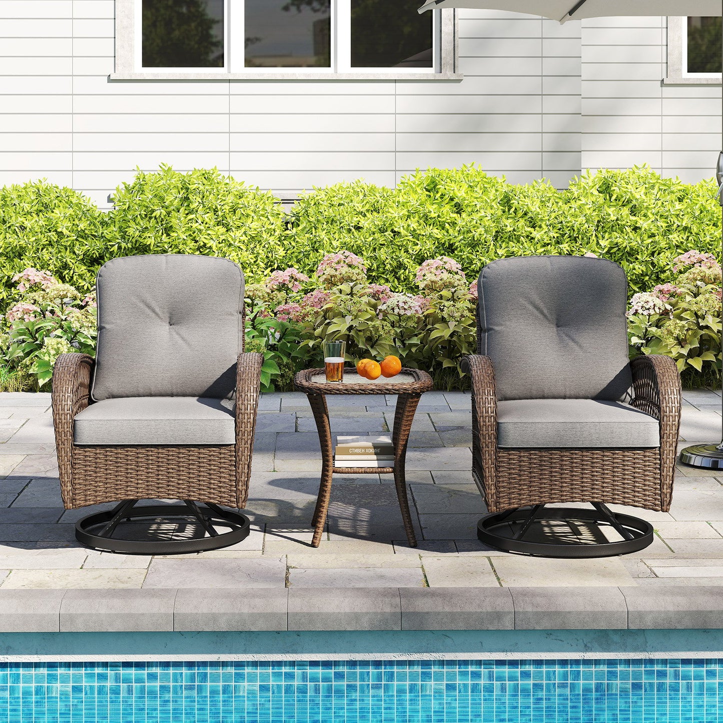 3 Piece Patio Swivel Rocker Set with Tempered Glass Side Table and Thick Cushions-Black