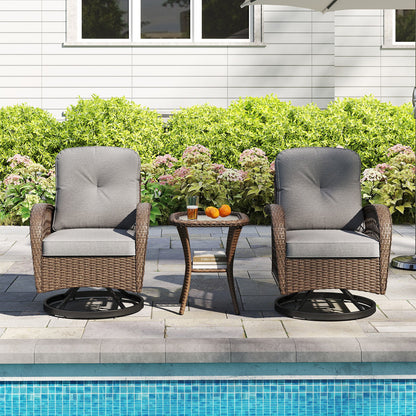 3 Piece Patio Swivel Rocker Set with Tempered Glass Side Table and Thick Cushions-Black
