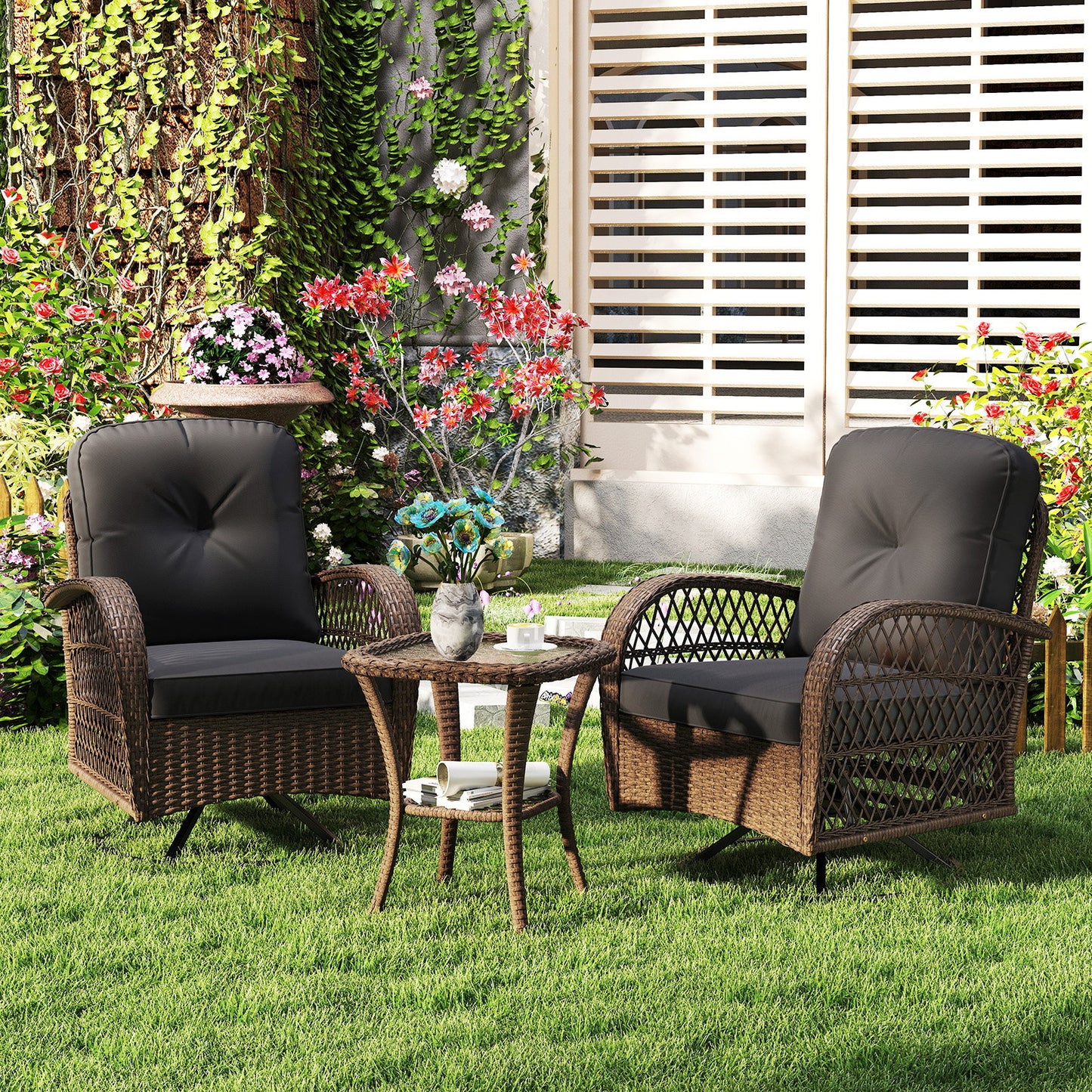3 Piece Patio Swivel Rocker Set with Tempered Glass Side Table and Thick Cushions-Black