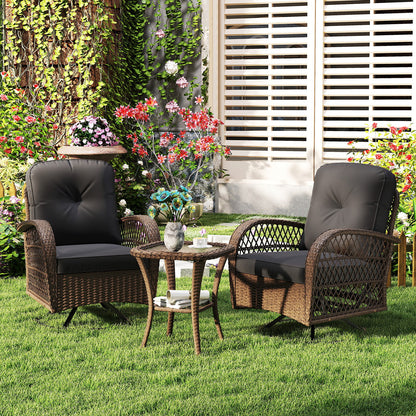 3 Piece Patio Swivel Rocker Set with Tempered Glass Side Table and Thick Cushions-Black