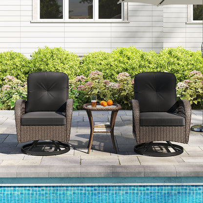 3 Piece Patio Swivel Rocker Set with Tempered Glass Side Table and Thick Cushions-Black