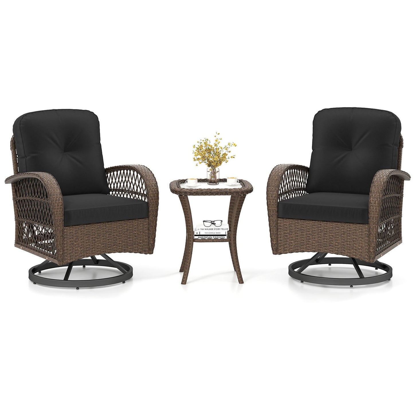 3 Piece Patio Swivel Rocker Set with Tempered Glass Side Table and Thick Cushions-Black