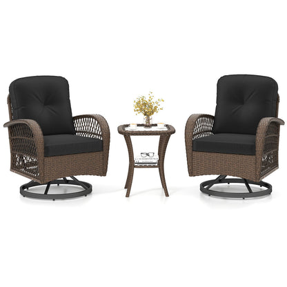 3 Piece Patio Swivel Rocker Set with Tempered Glass Side Table and Thick Cushions-Black