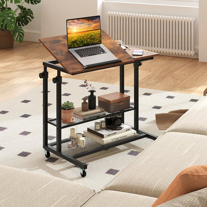 Mobile Stand up Desk Height Adjustable Standing Table with Tilting Tabletop-Oak