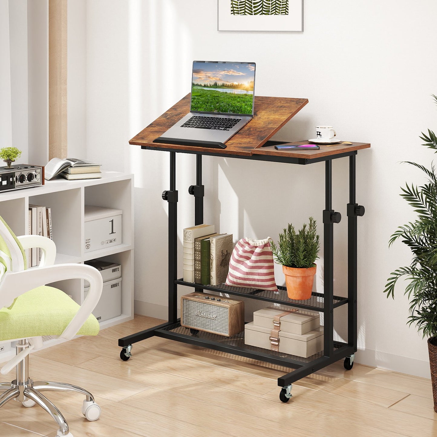 Mobile Stand up Desk Height Adjustable Standing Table with Tilting Tabletop-Oak