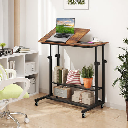 Mobile Stand up Desk Height Adjustable Standing Table with Tilting Tabletop-Oak