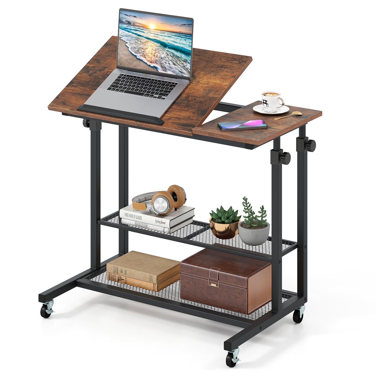 Mobile Stand up Desk Height Adjustable Standing Table with Tilting Tabletop-Oak