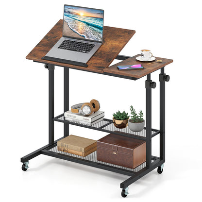 Mobile Stand up Desk Height Adjustable Standing Table with Tilting Tabletop-Oak