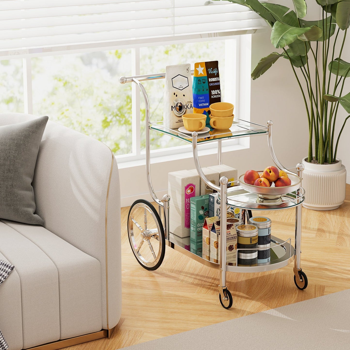 3-Tier Home Bar Serving Cart on Wheels with Mirrored Shelves-Golden