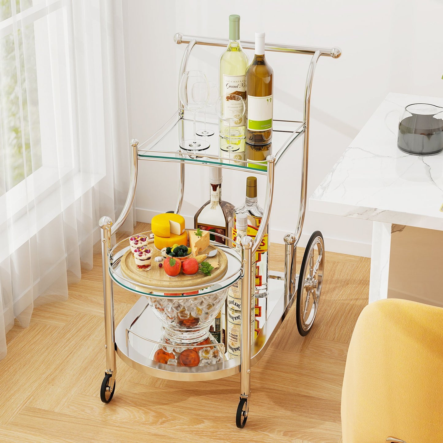 3-Tier Home Bar Serving Cart on Wheels with Mirrored Shelves-Golden