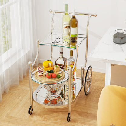 3-Tier Home Bar Serving Cart on Wheels with Mirrored Shelves-Golden