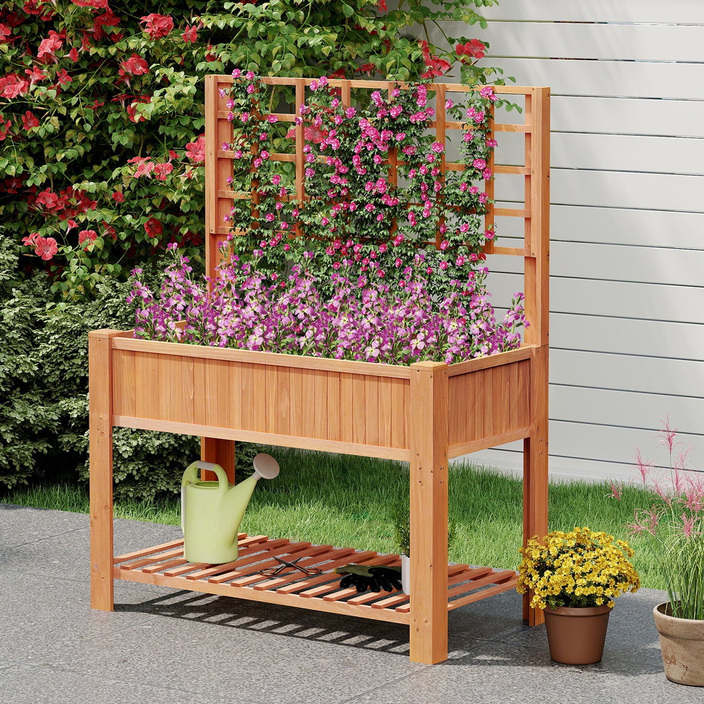 Raised Garden Bed with Trellis Wooden Elevated Planter Box with Legs-Natural
