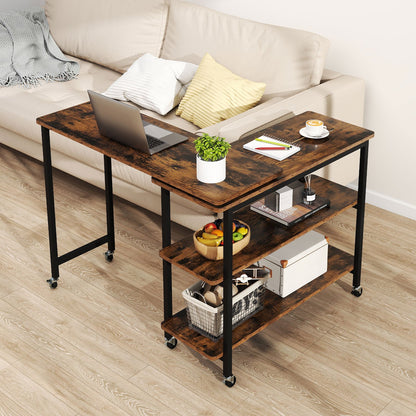 360° Rotating Sofa Side Table with Storage Shelves and Wheels-Brown