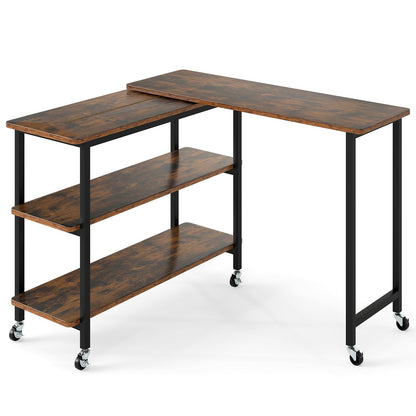 360° Rotating Sofa Side Table with Storage Shelves and Wheels-Brown