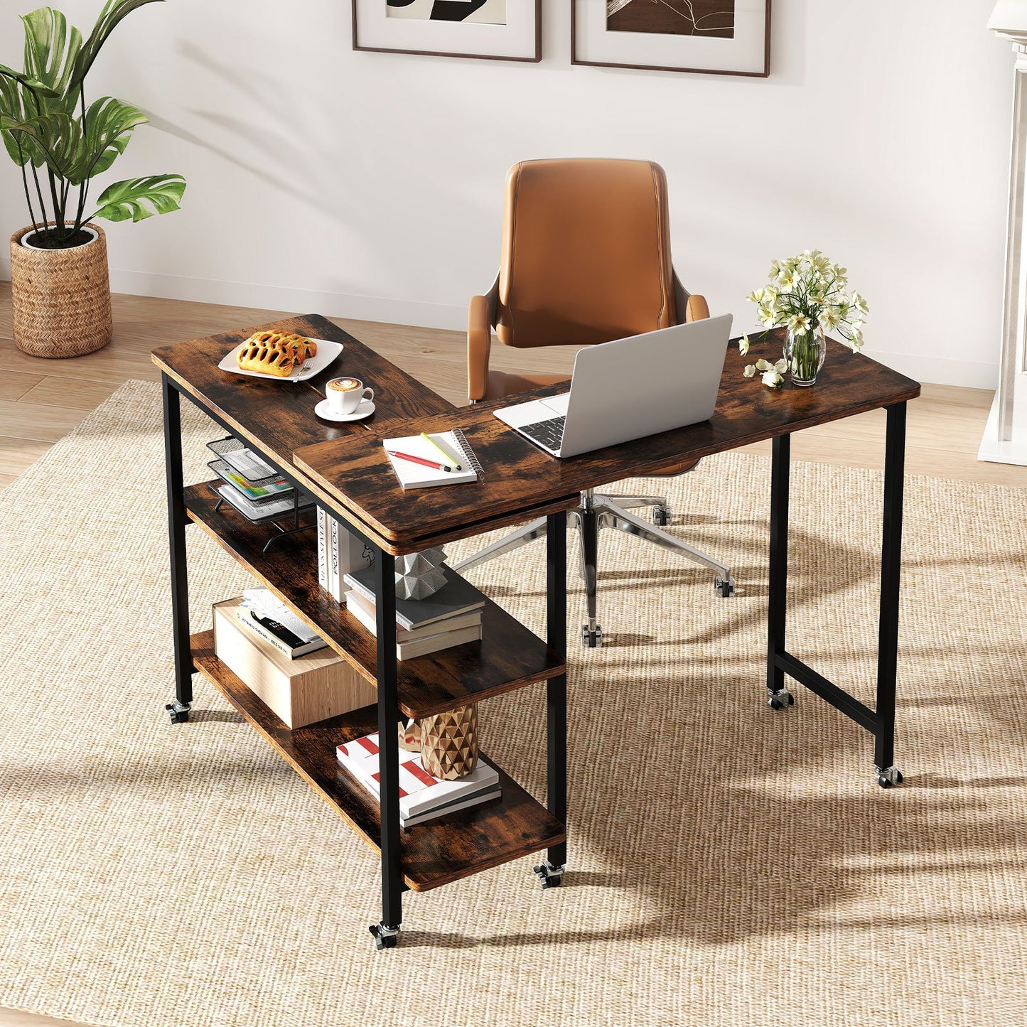 360° Rotating Sofa Side Table with Storage Shelves and Wheels-Brown