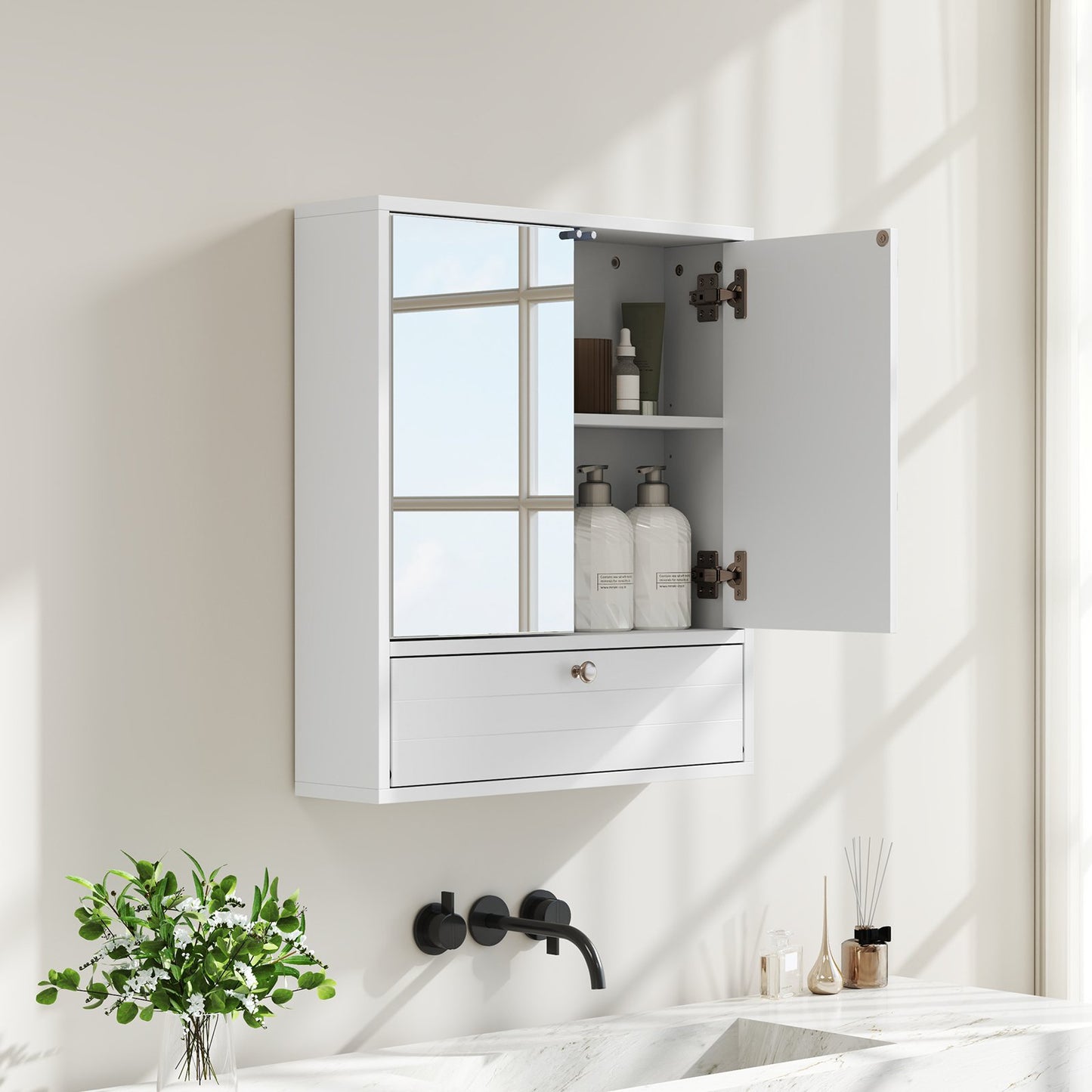Bathroom Double Mirror Door Wall Mount Storage Wood Cabinet