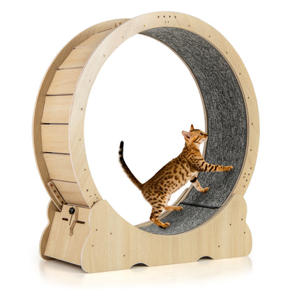 40 Inch Large Cat Exercise Wheel with Lockable Mechanism and Carpeted Runaway for Indoor Cats-Natural