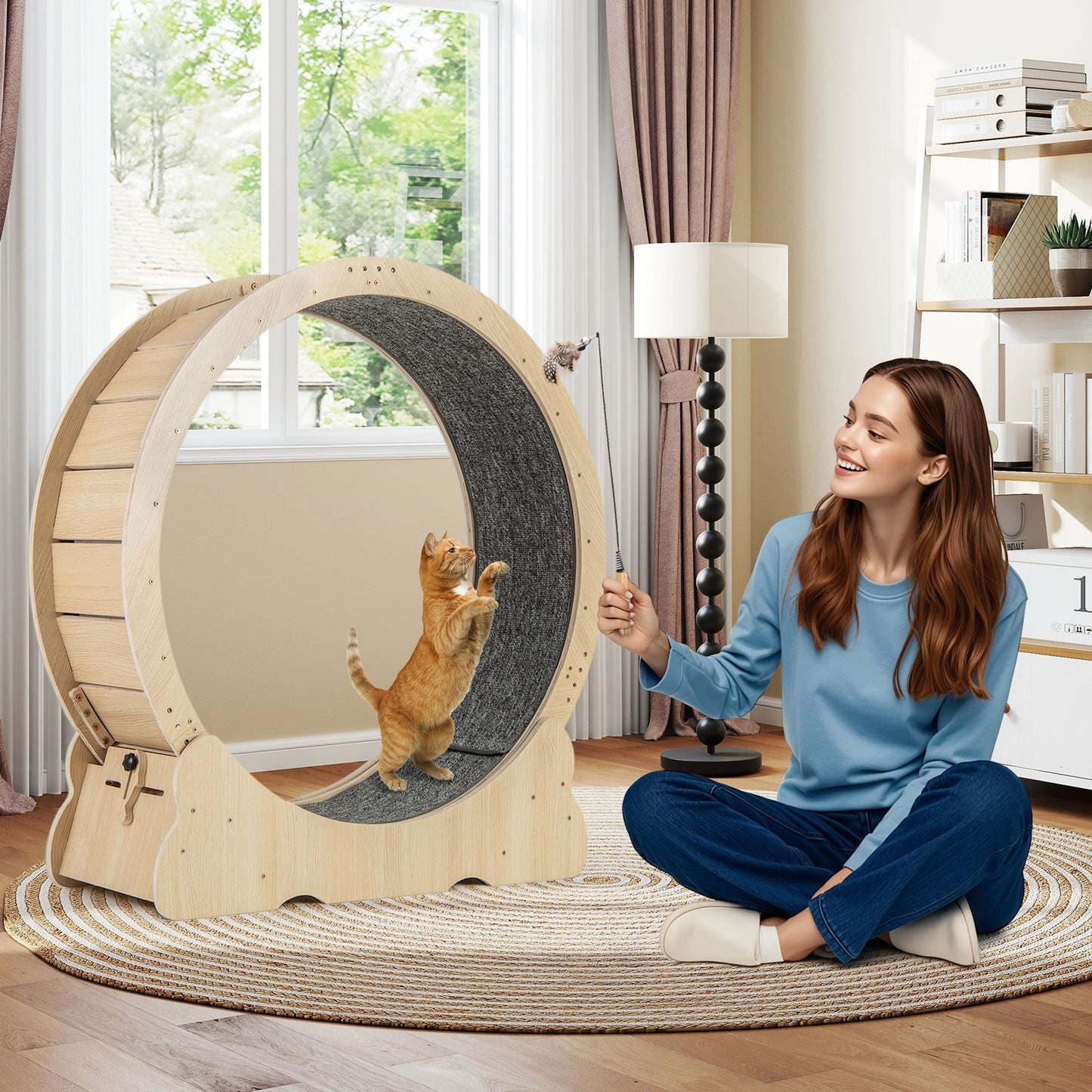 40 Inch Large Cat Exercise Wheel with Lockable Mechanism and Carpeted Runaway for Indoor Cats-Natural