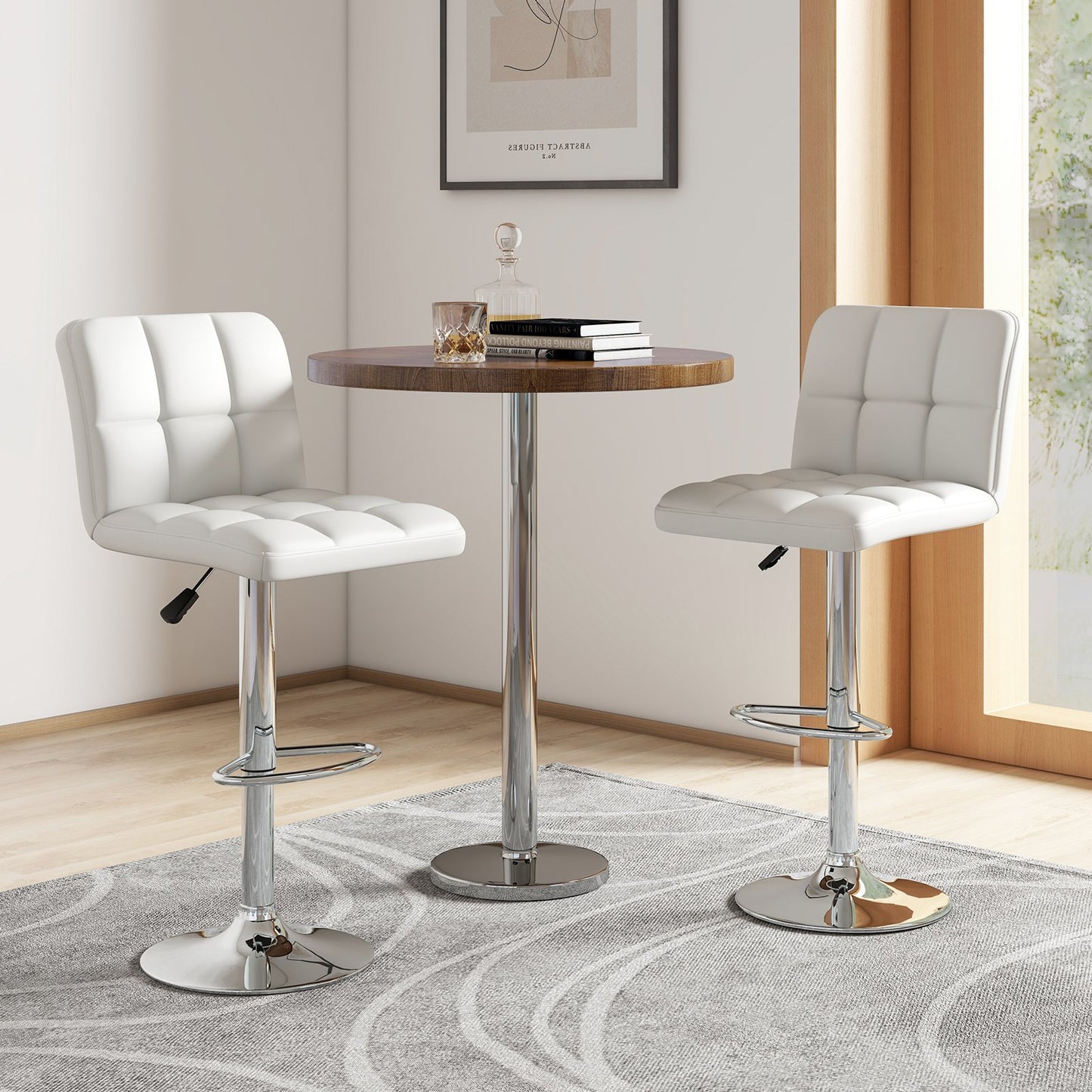Set of 2 Square Swivel Adjustable PU Leather Bar Stools with Back and Footrest-Black