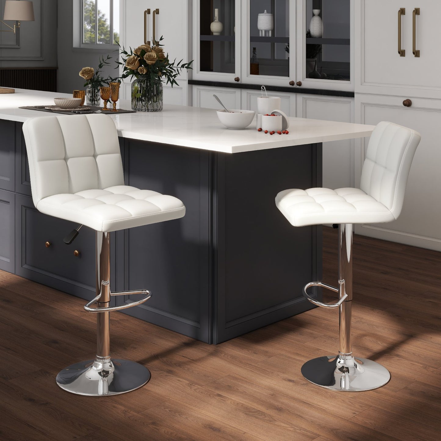 Set of 2 Square Swivel Adjustable PU Leather Bar Stools with Back and Footrest-Black