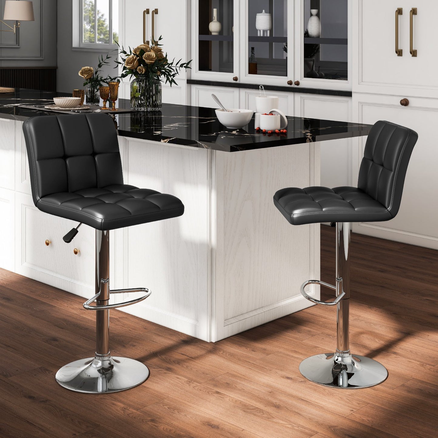 Set of 2 Square Swivel Adjustable PU Leather Bar Stools with Back and Footrest-Black