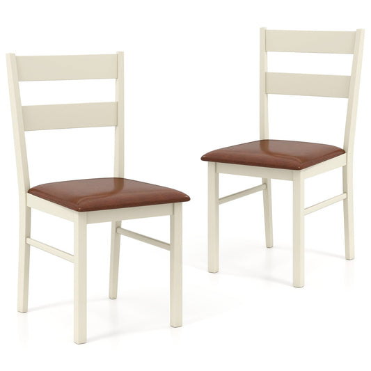 Wooden Dining Chair Set of 2 PU Leather Upholstered Kitchen Armless Chairs-White