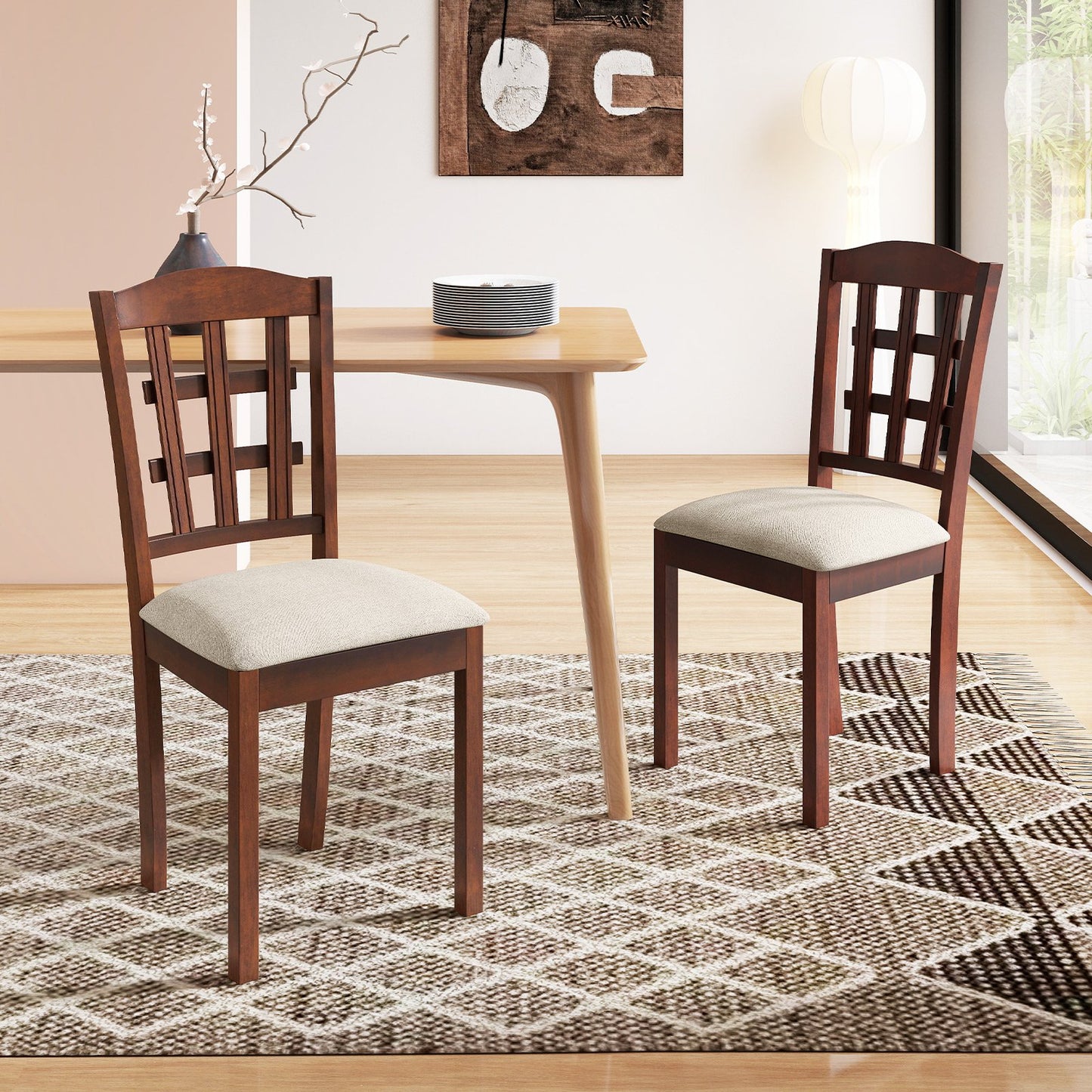 Set of 2 Wood Kitchen Chairs with Faux Leather Upholstered Seat-Beige