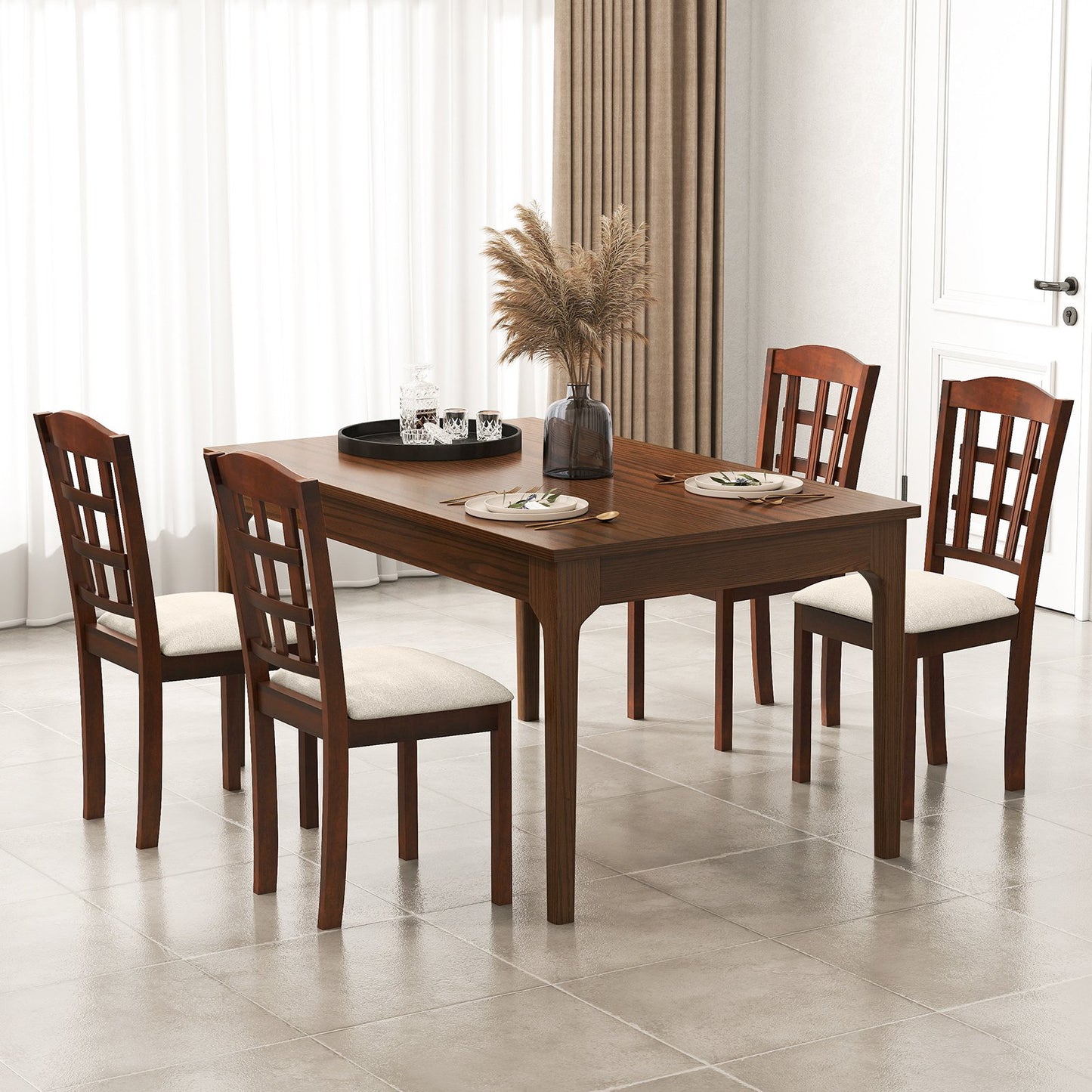 Set of 2 Wood Kitchen Chairs with Faux Leather Upholstered Seat-Beige