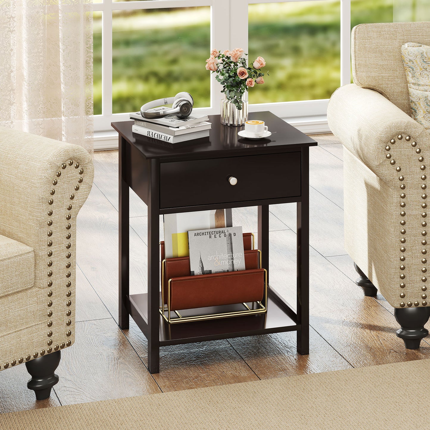 Wooden Storage Shelf with Drawer for Bedroom and Living Room-Black