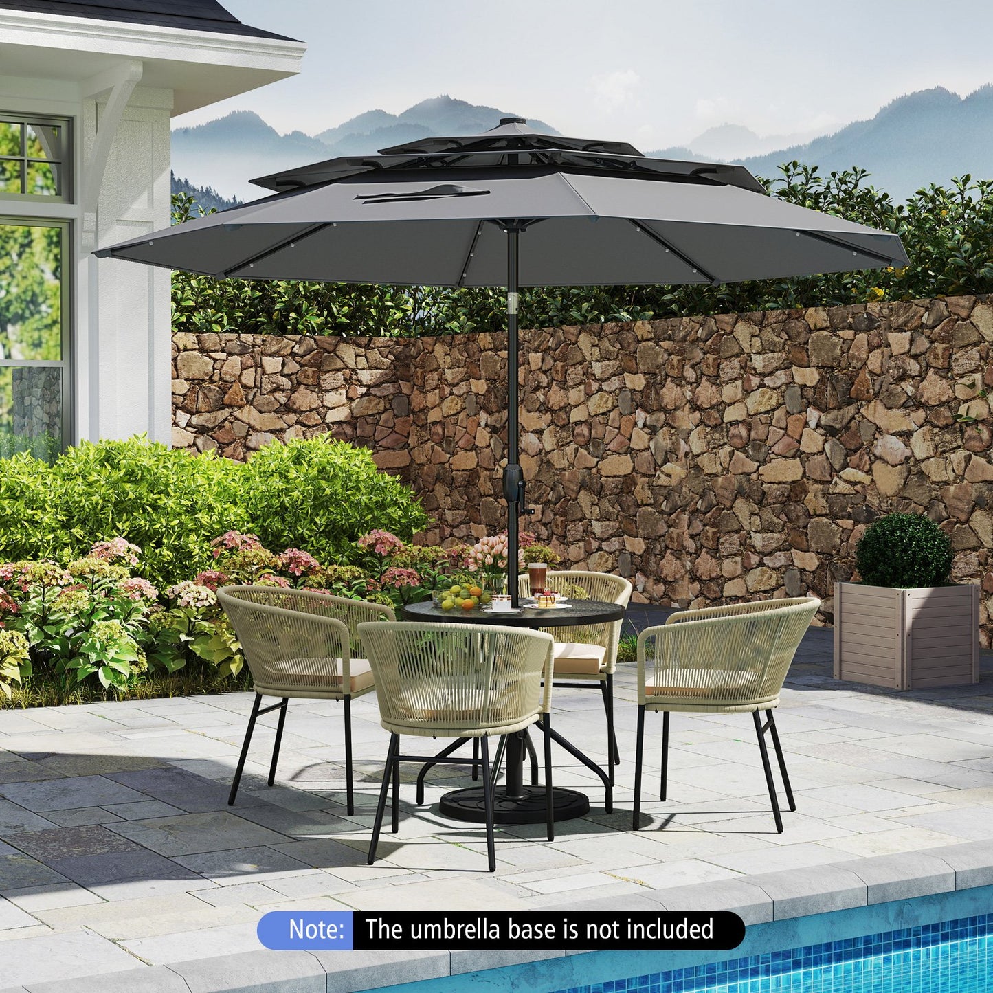 10 Feet Solar Patio Umbrella with 32 LED Lights 3-Tier Vented Top-Beige