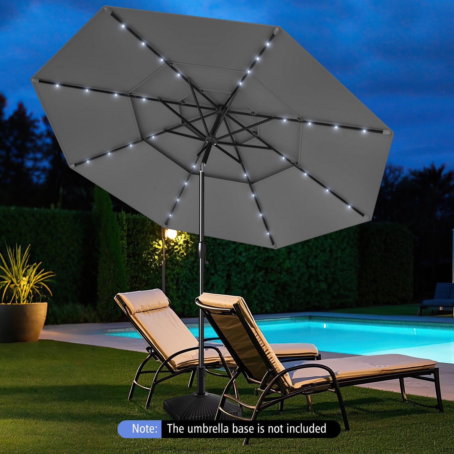 10 Feet Solar Patio Umbrella with 32 LED Lights 3-Tier Vented Top-Beige