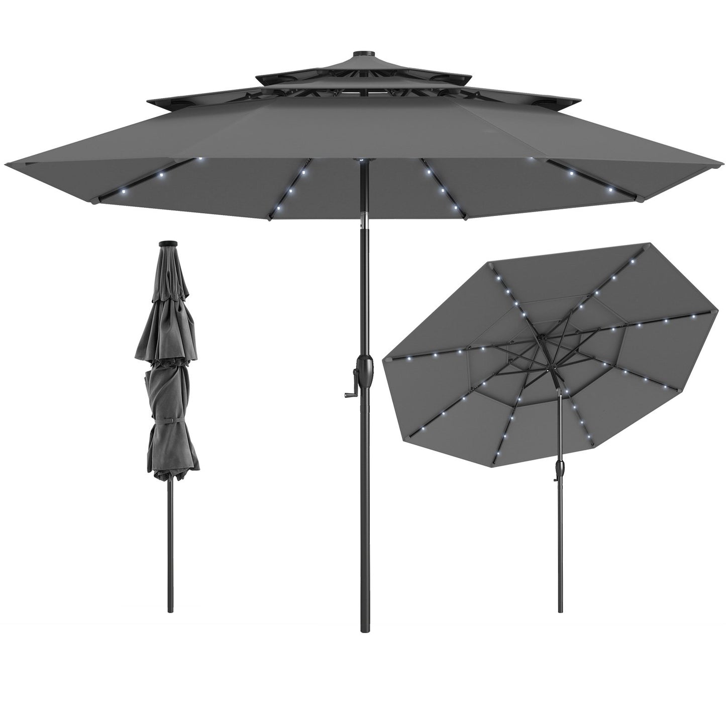 10 Feet Solar Patio Umbrella with 32 LED Lights 3-Tier Vented Top-Beige