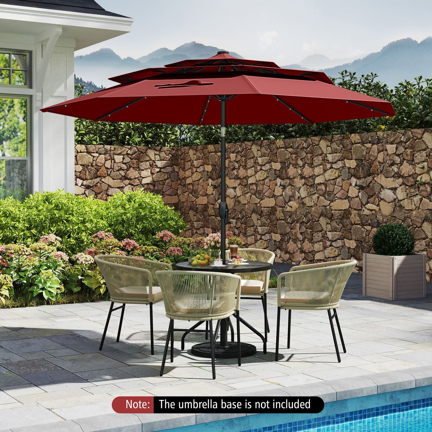 10 Feet Solar Patio Umbrella with 32 LED Lights 3-Tier Vented Top-Beige