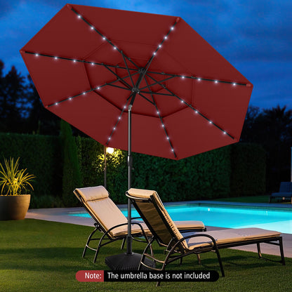 10 Feet Solar Patio Umbrella with 32 LED Lights 3-Tier Vented Top-Beige