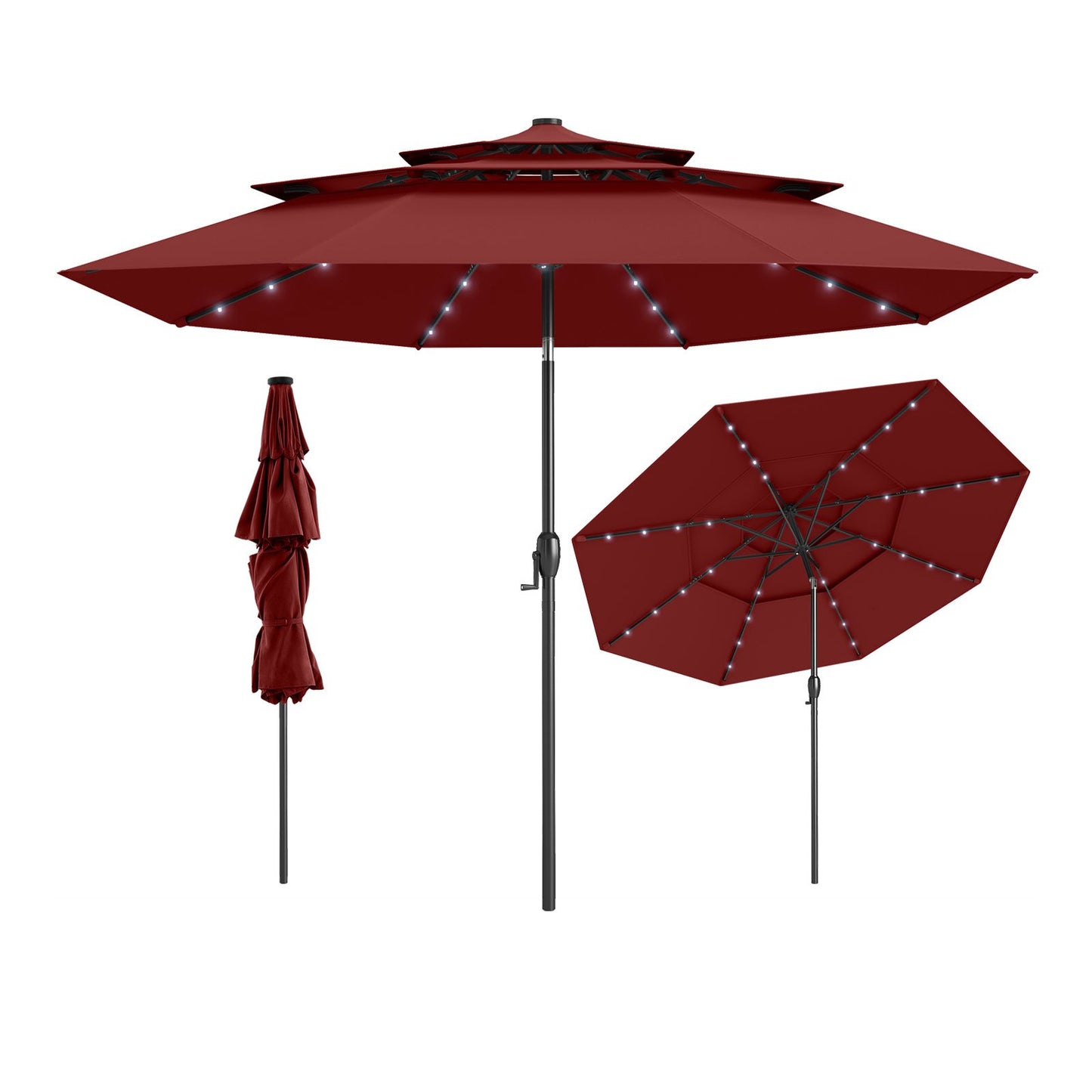 10 Feet Solar Patio Umbrella with 32 LED Lights 3-Tier Vented Top-Beige