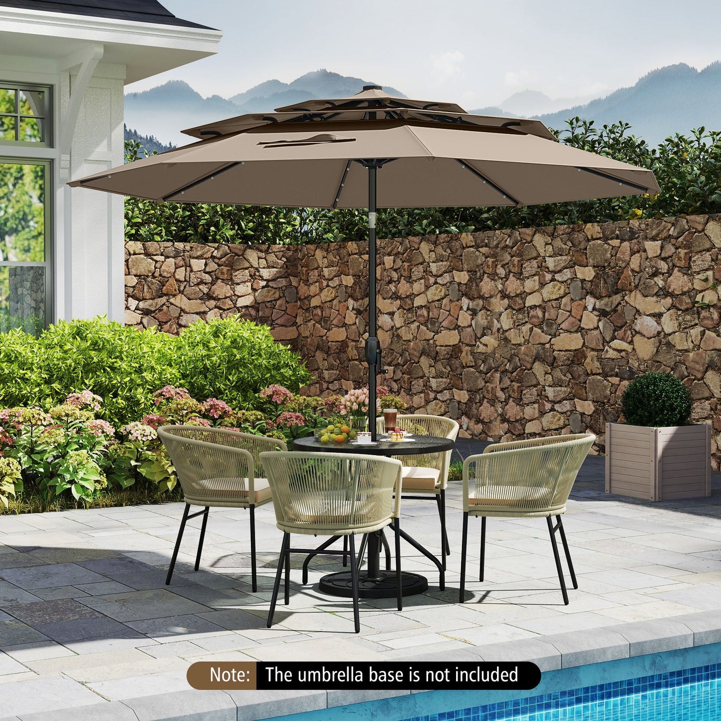 10 Feet Solar Patio Umbrella with 32 LED Lights 3-Tier Vented Top-Beige