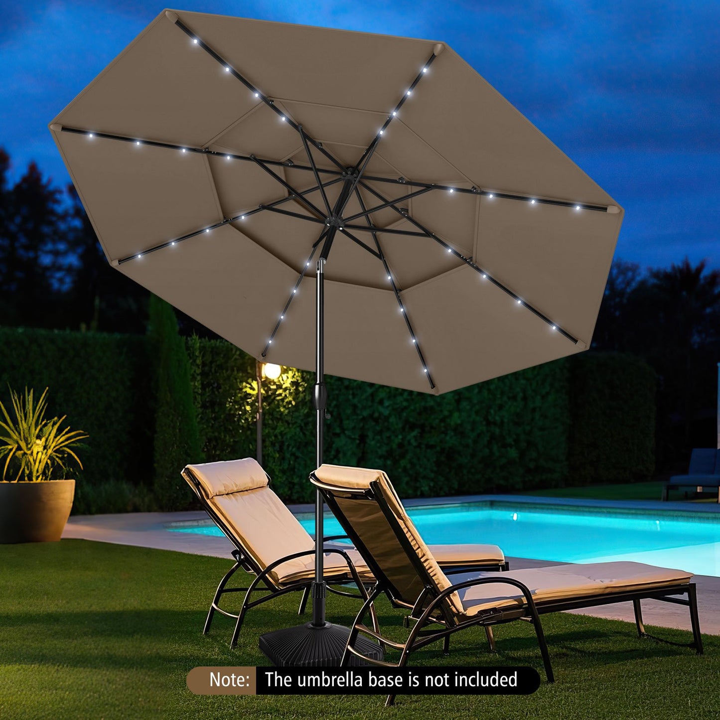 10 Feet Solar Patio Umbrella with 32 LED Lights 3-Tier Vented Top-Beige