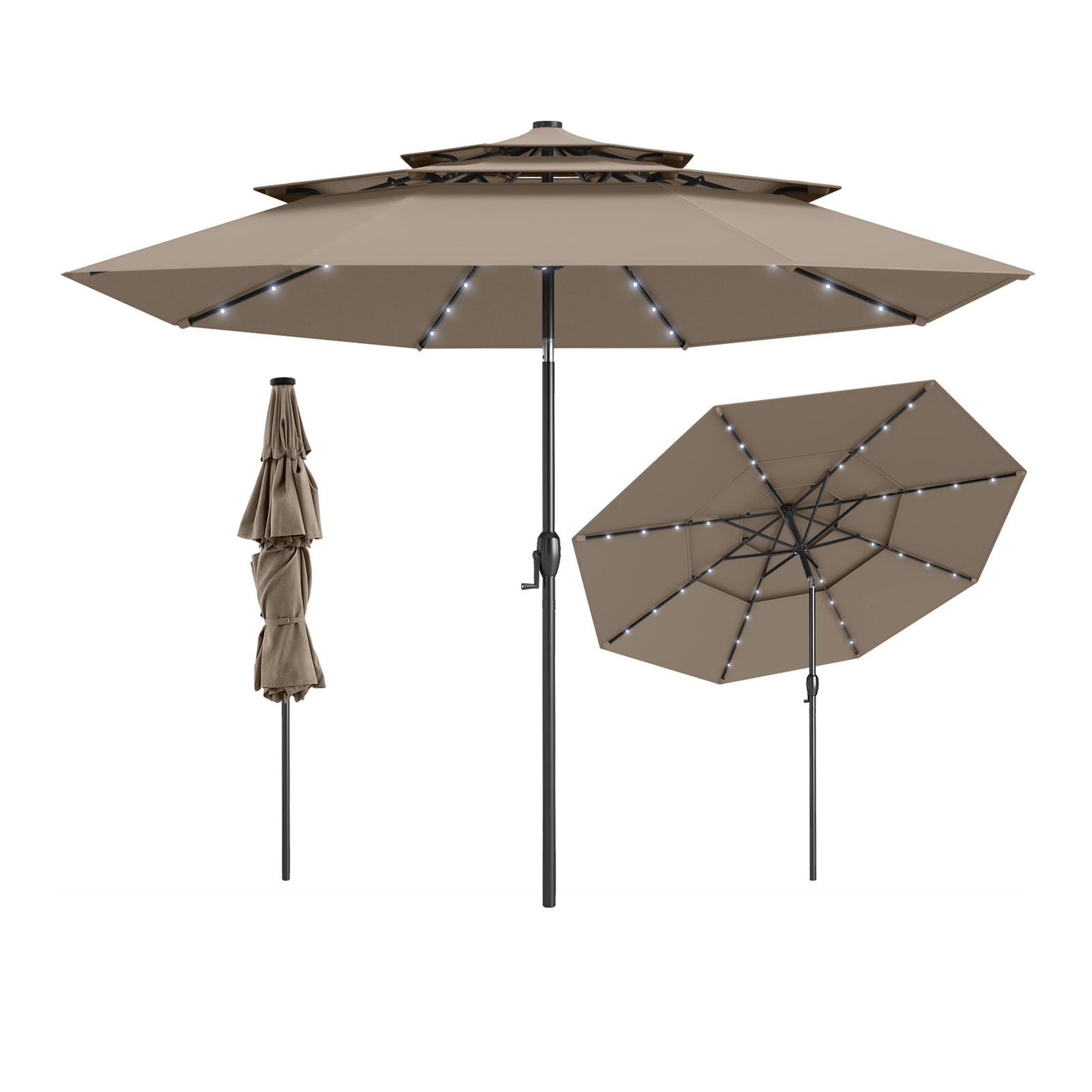 10 Feet Solar Patio Umbrella with 32 LED Lights 3-Tier Vented Top-Beige