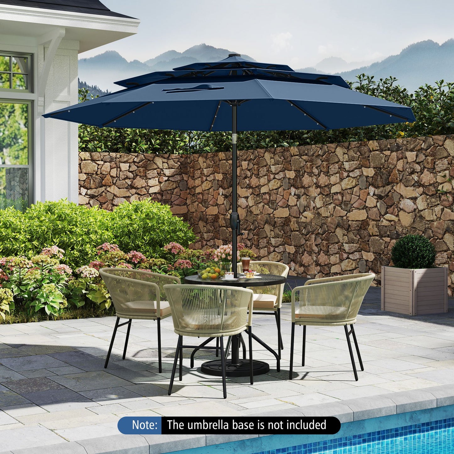 10 Feet Solar Patio Umbrella with 32 LED Lights 3-Tier Vented Top-Beige