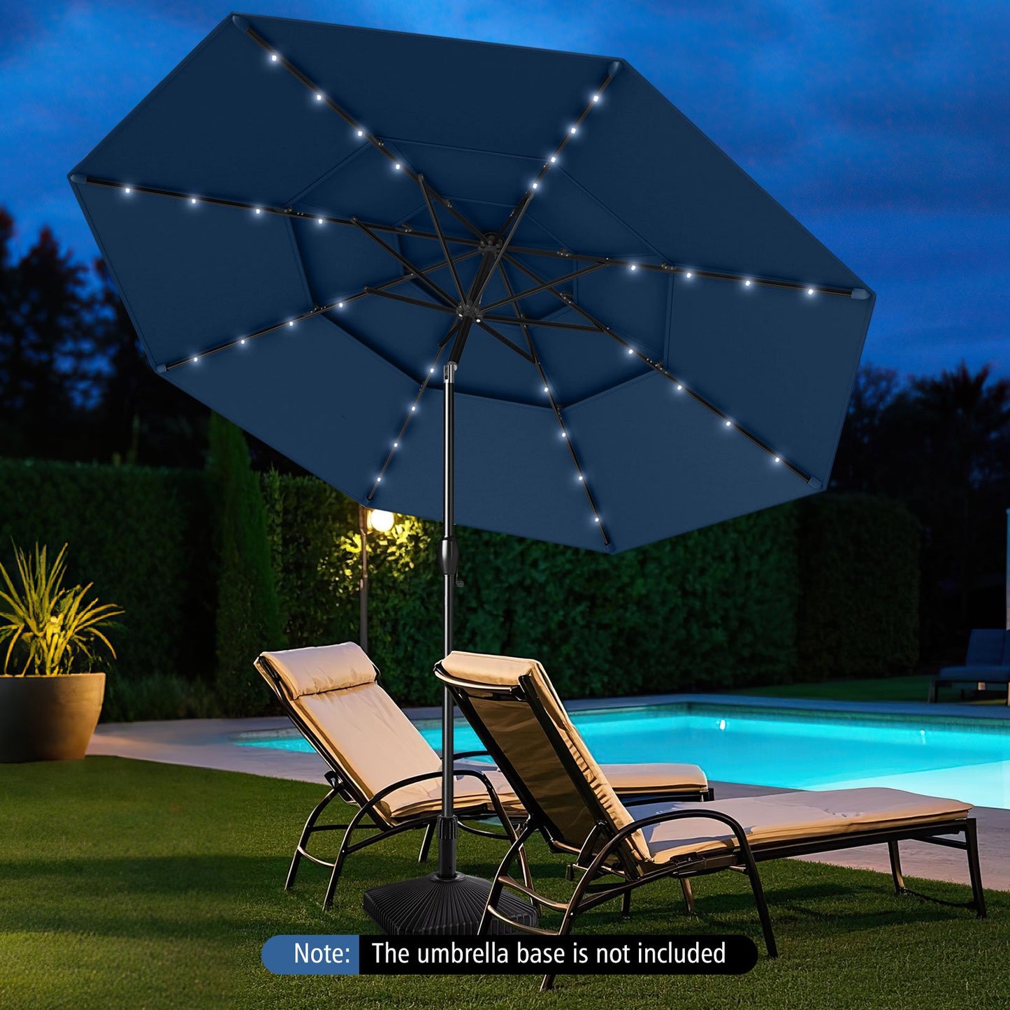 10 Feet Solar Patio Umbrella with 32 LED Lights 3-Tier Vented Top-Beige