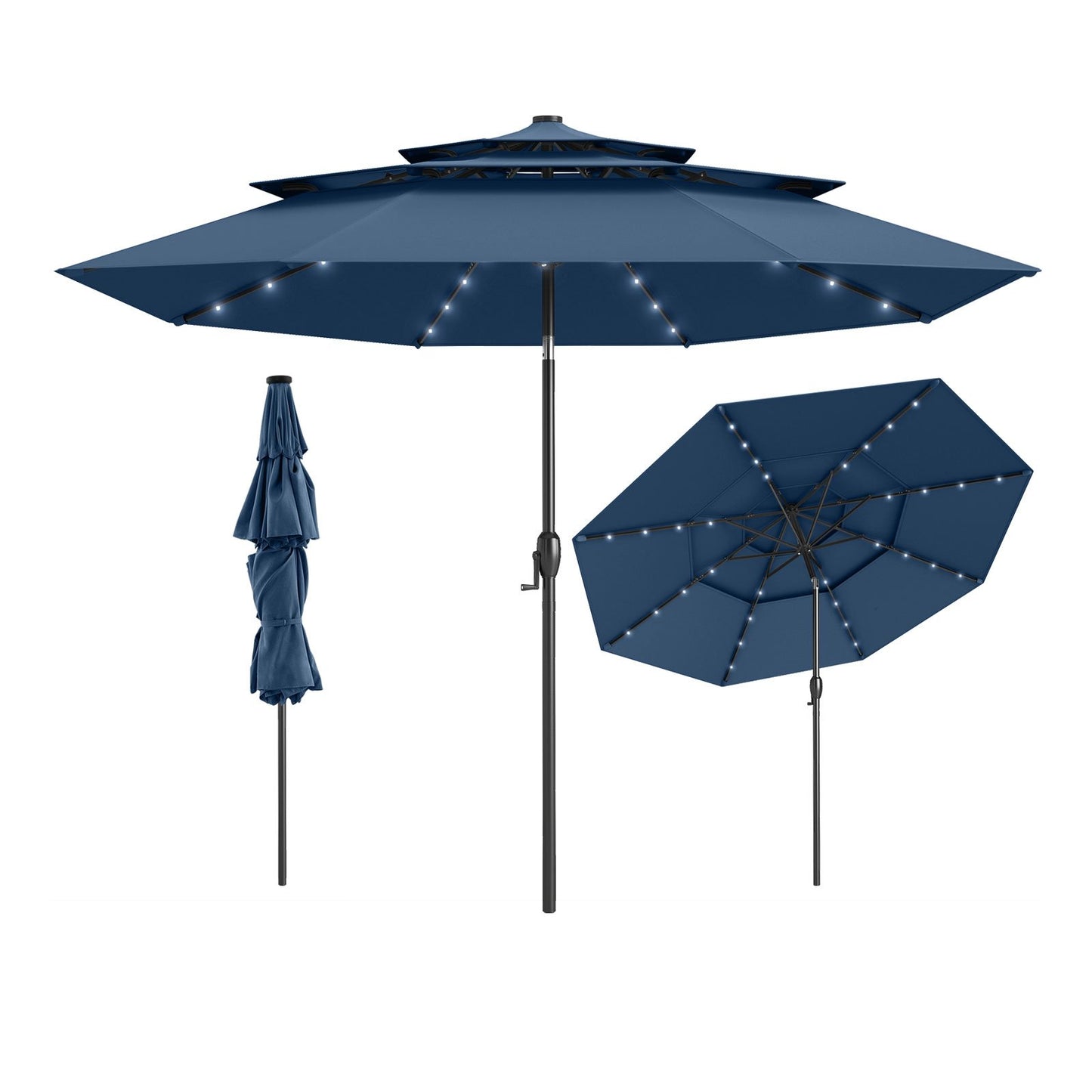 10 Feet Solar Patio Umbrella with 32 LED Lights 3-Tier Vented Top-Beige