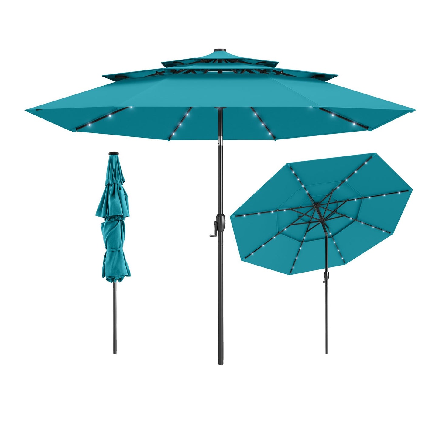 10 Feet Solar Patio Umbrella with 32 LED Lights 3-Tier Vented Top-Beige