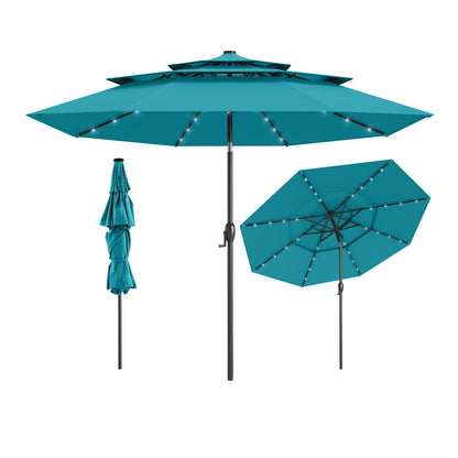 10 Feet Solar Patio Umbrella with 32 LED Lights 3-Tier Vented Top-Beige