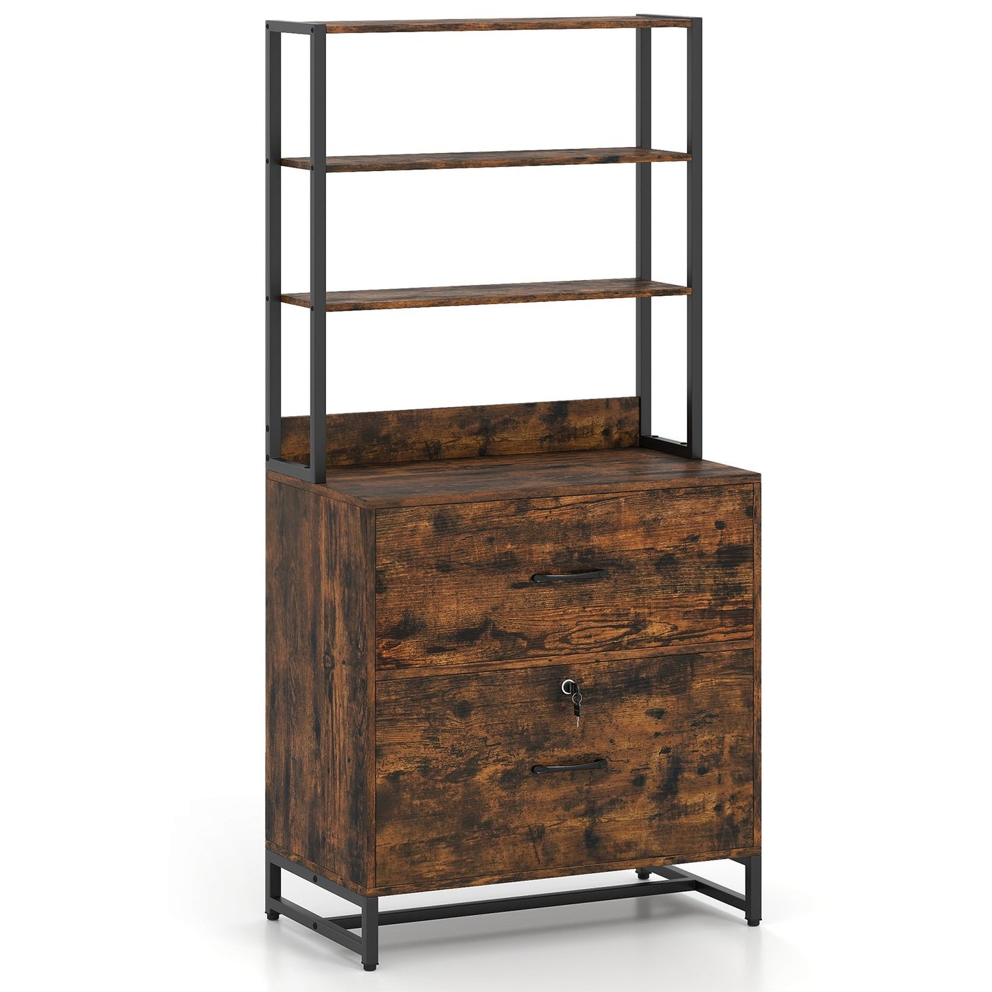 Letter Size Lateral File Cabinet with Lock and Bookshelf-Rustic Brown