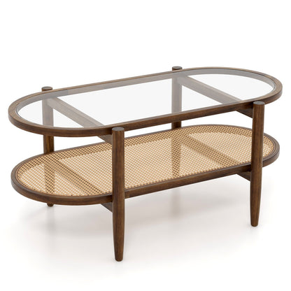2-Tier Coffee Table with Tempered Glass Tabletop and Acacia Wood Frame-Black