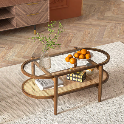 2-Tier Coffee Table with Tempered Glass Tabletop and Acacia Wood Frame-Black