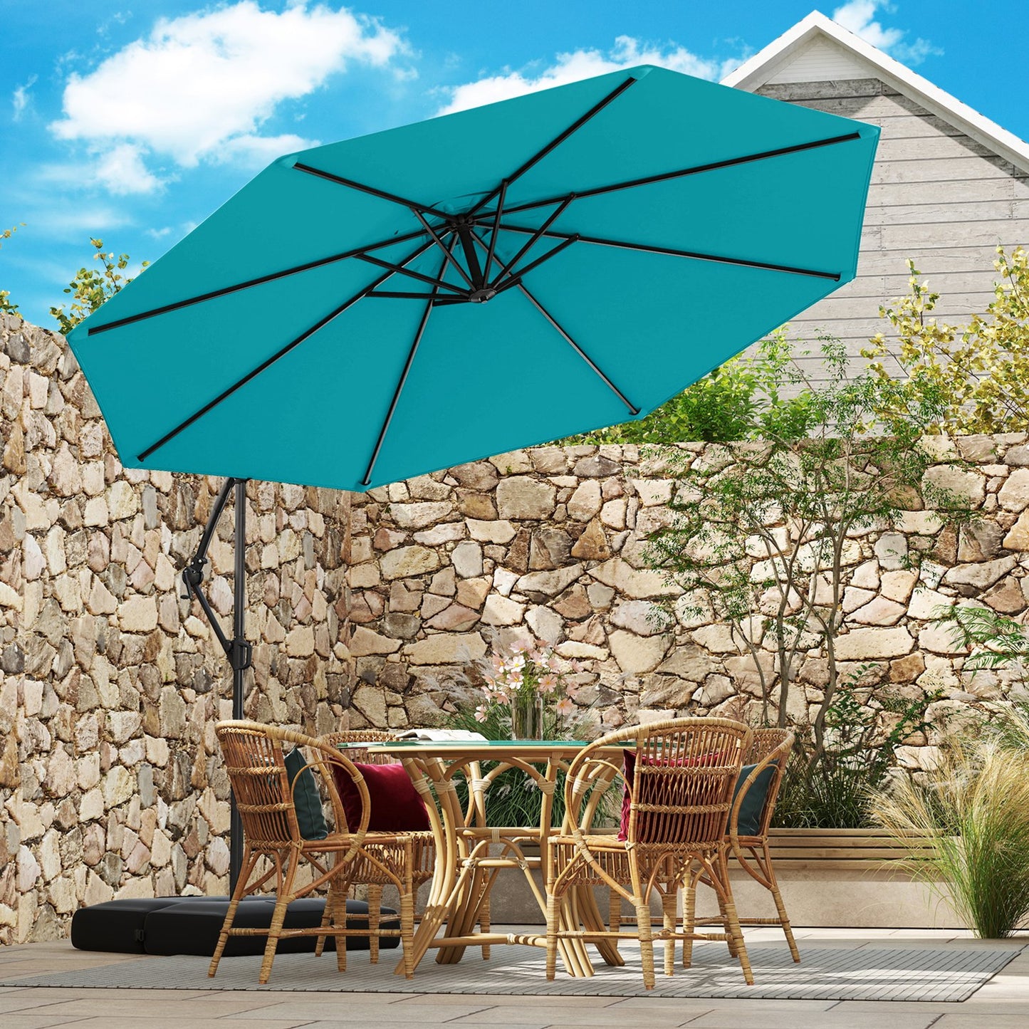 10 Feet Offset Hanging Umbrella with Base Patio Cantilever Umbrella with Tilt-Beige