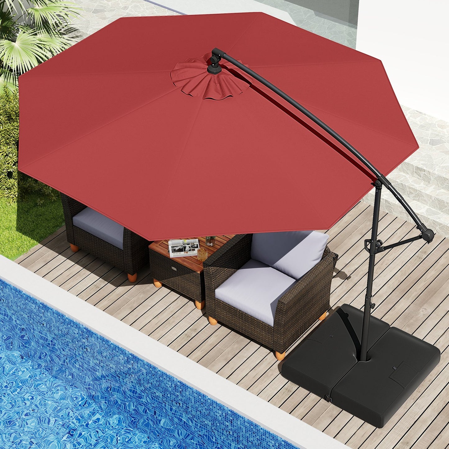 10 Feet Offset Hanging Umbrella with Base Patio Cantilever Umbrella with Tilt-Beige