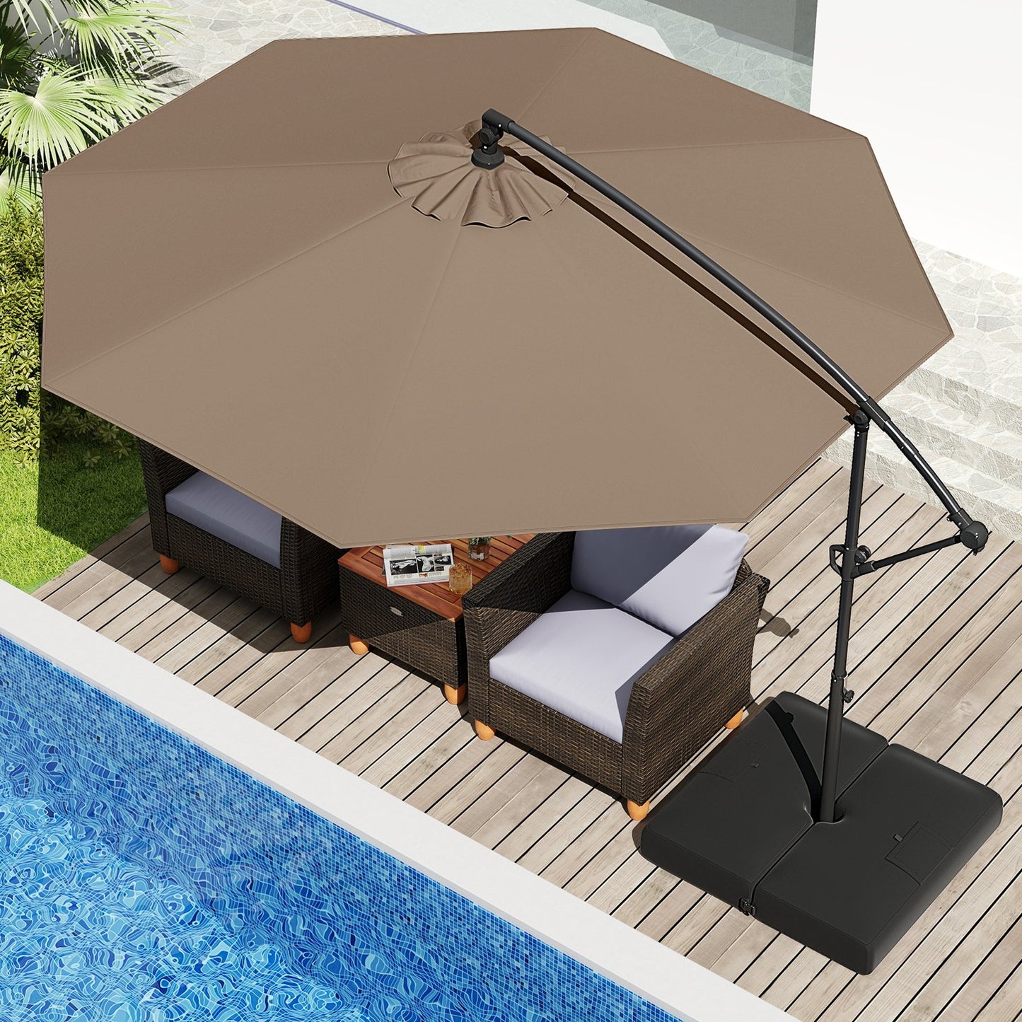 10 Feet Offset Hanging Umbrella with Base Patio Cantilever Umbrella with Tilt-Beige
