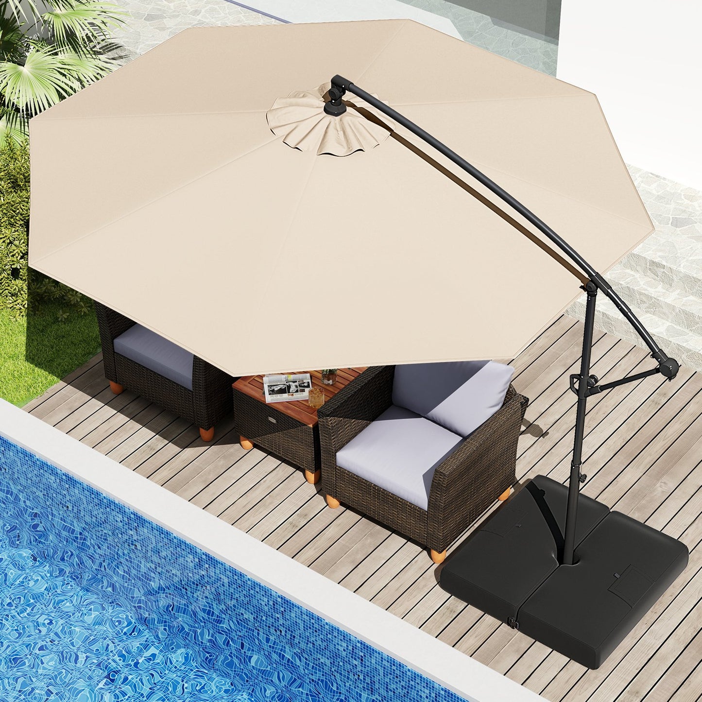 10 Feet Offset Hanging Umbrella with Base Patio Cantilever Umbrella with Tilt-Beige